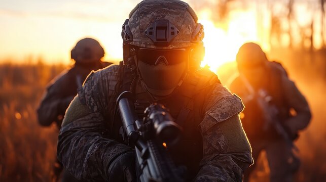 Soldiers in tactical gear move through a field at sunset, embodying determination and teamwork as they navigate the terrain with intensity and focus.