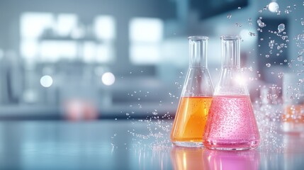 Two glass flasks containing vibrant liquids emit bubbles, set against a blurred laboratory background, representing the excitement and curiosity of scientific discovery.