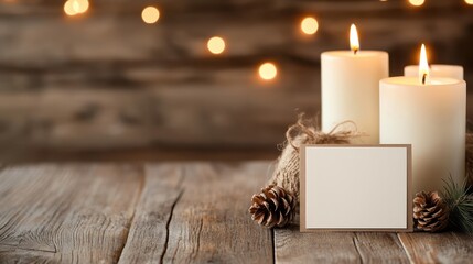 A cozy arrangement of lit candles alongside a blank greeting card, creating a warm, inviting atmosphere perfect for holiday celebrations, reflection, or sending heartfelt messages to loved ones.