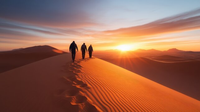 A group of three hikers ventures across a sandy desert dune as a vibrant sunset paints the sky, creating an evocative silhouette against the beautiful scenic backdrop.
