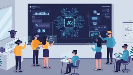 Team of diverse professionals collaborating in a modern office, exploring AI technology on screens - Powered by Adobe