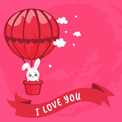 Adorable bunny in red heart balloon with love message. Perfect for Valentines Day cards, kids designs, or romantic illustrations. Vector art