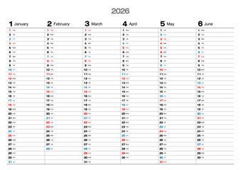 2026年の半年カレンダー1月～6月メモ書き込みが可能