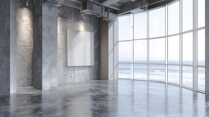 Fototapeta premium Modern empty loft interior with polished concrete floor, large windows, natural sunlight, and minimal 3D architectural space overlooking scenic nature through wide glass panels