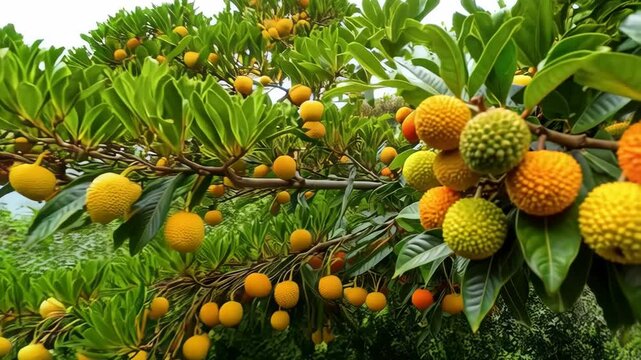 Cluster of colorful marang fruits hanging on branch with green leaves in natural daylight. Organic exotic fruits growing.