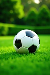 Fototapeta premium Deep emerald grass, smooth soccer ball resting on manicured garden lawn , background, sports, exercise