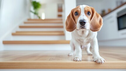 Obraz na płótnie Canvas An adorable beagle puppy with soulful eyes sits on a wooden floor, capturing the essence of loyalty and innocence that pets bring to our homes and lives.