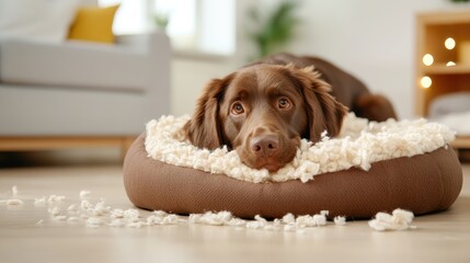 A brown dog lying comfortably on a fluffy pet bed exudes relaxation and contentment, embodying the warmth and love pets bring to our homes and hearts.