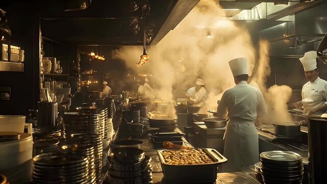 A bustling kitchen with chefs working amidst steam and stacked dishes.