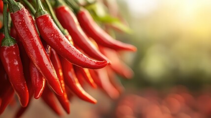 An alluring close-up of bright red chili peppers hanging, glistening with dew, emphasizing their freshness and the vibrant colors of the organic harvest.
