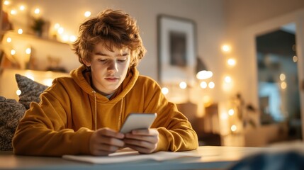 A teenage boy absorbed in his smartphone amidst soft lighting and a cozy ambiance depicts youth's connection to technology and modern leisure activities.