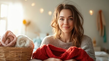 A cheerful woman with a knitted sweater surrounded by yarn conveys warmth, creativity, and the joy of crafting in a cozy, inviting home environment.
