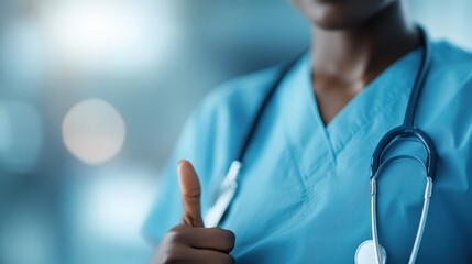 A healthcare worker in scrubs offers a thumbs-up gesture, radiating positivity and reassurance, highlighting the dedication and professionalism in the medical field.
