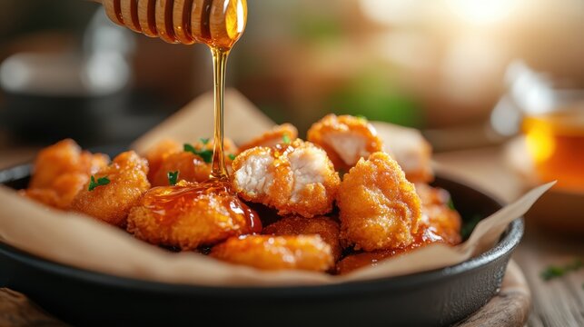 A mouthwatering plate of crispy chicken nuggets drizzled with a sweet sauce, inviting the senses and celebrating comfort food in a warm, inviting setting.