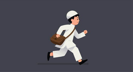 Illustration of a Boy Running with School Bag in Traditional Attire