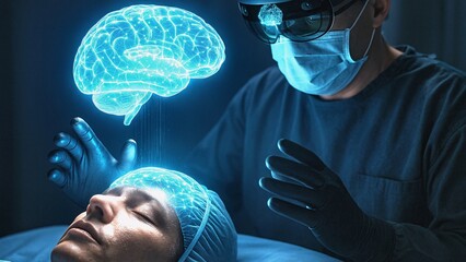 Surgeon wearing augmented reality glasses examining virtual representation of patient brain during innovative surgery using holographic projection