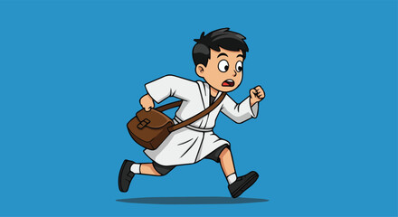 Cartoon Illustration of a Boy Running to School in Traditional Outfit