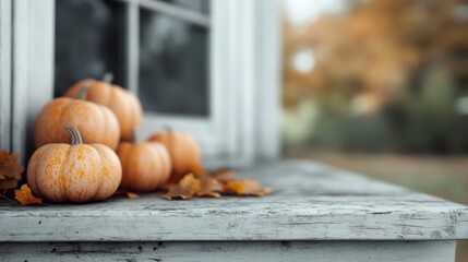 A picturesque display of small orange pumpkins arranged on a rustic windowsill, surrounded by fallen leaves, perfectly capturing the essence of the cozy autumn season.