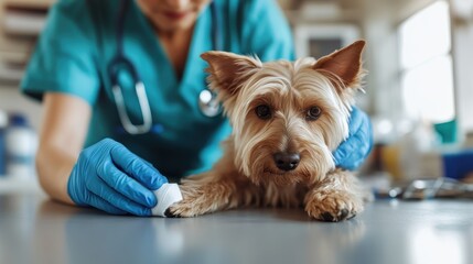 A dedicated veterinarian in scrubs gently bandages a small dog, emphasizing the compassion and care that characterizes the bond between pets and their owners.