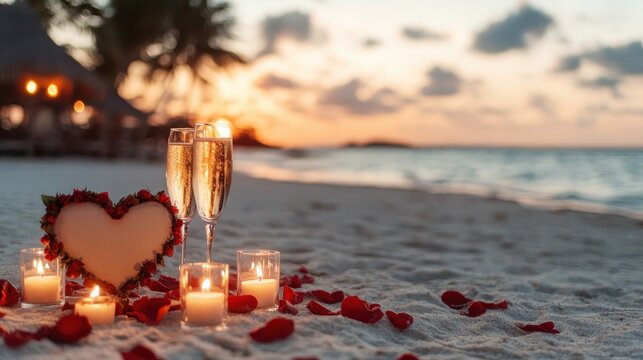 A romantic setup on the beach at sunset with champagne glasses, candles, flower petals, and a heart shape, creating a dreamy atmosphere for intimacy. - Powered by Adobe