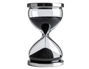 Minimalist Modern Hourglass with Black Sand, top-down view, transparent background