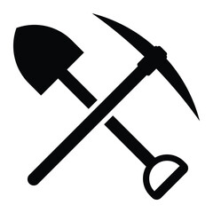 Crossed miner pickaxe and shovel icon. Silhouette of mining tools for construction, excavation, digging, or manual labor. Vector illustration, isolated. © Meduza