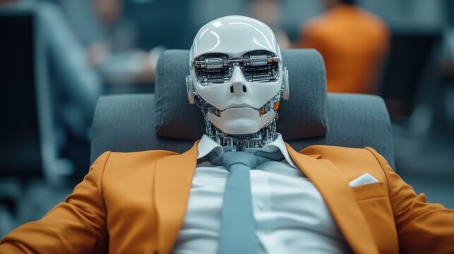 A futuristic robotic figure dressed in a business suit rests with confidence, representing the intersection of technology and professionalism in a modern corporate landscape. - Powered by Adobe