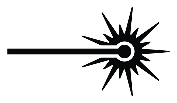 Laser beam with spark vector icon. Laser ray warning, cutting tool, scientific or hazard symbol. Black silhouette, isolated.
