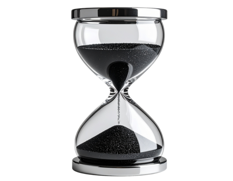 Minimalist Modern Hourglass with Black Sand, top-down view, transparent background