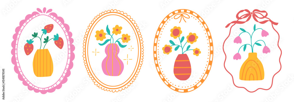 Wall mural set of charming frames with abstract flowers in vase. bright simple botanical elements stamps in fla