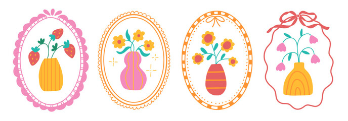 Set of charming frames with abstract flowers in vase. Bright simple botanical elements stamps in flat retro style