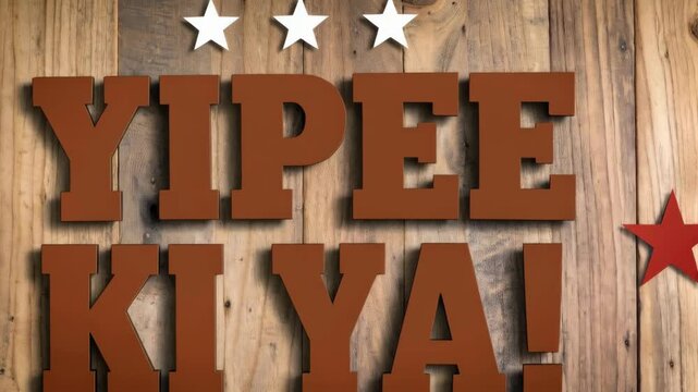 Yipee Ki Ya lettering with stars on wooden background, animation for celebration, party, greetings and fun designs, western style, cartoon.
