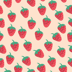 Charming strawberry pattern in flat design on a cream background. Ideal for children's products, sweet packaging, and fun textile designs