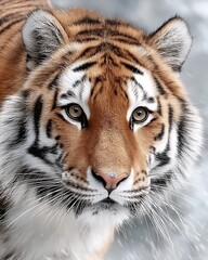 Fototapeta premium Striking Portrait of a Siberian Tiger in Winter Wonderland