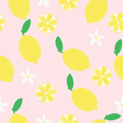 Fresh lemon pattern with whole fruits, slices, and flowers on soft pink. Perfect for summer packaging, kitchen decor, and cheerful print designs