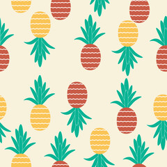 Bright seamless pattern with red and yellow pineapples on a cream background. Ideal for tropical-themed textiles, packaging, and summer digital projects