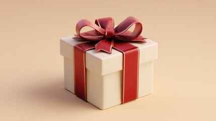 Obraz premium Elegant cream-colored gift box with a maroon ribbon bow