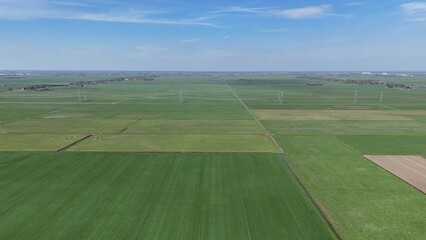 Aerial drone photo of grassland with a power line running across, 4K, Netherlands