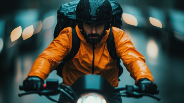 A dynamic image of a cyclist navigating a rainy urban street, illustrating determination and resilience in the face of challenging weather conditions.