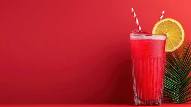 A vibrant and refreshing berry drink is served with ice, garnished with a lemon slice, bringing tropical vibes and summer excitement to any beverage selection.