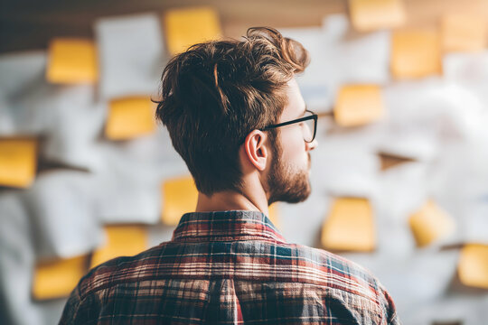 A man in glasses studies a wall filled with yellow sticky notes, seemingly brainstorming or organizing ideas in a creative workspace.