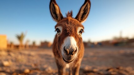 A close-up portrait of a donkey reveals its curious and expressive eyes, showcasing the animal's charm and personality against a beautiful outdoor setting filled with sunlight.