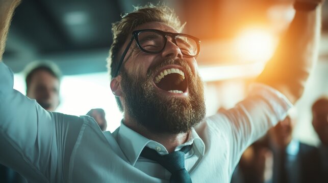 A jubilant man with a beard passionately celebrates his achievement in a vibrant crowd, symbolizing success, joy, and the exhilaration of reaching personal goals and milestones.