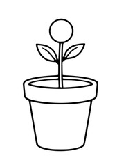 Line drawing of a small potted plant with a single green leaf and a round seed at the top. Simple and minimalistic design.