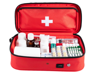 First Aid Kit with Basic Items Visible, zipped open, isolated PNG