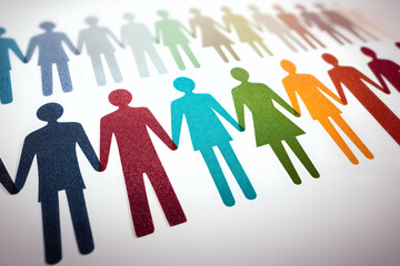 Obraz premium Colorful paper cutouts of human figures holding hands, symbolizing unity, diversity, and community on a white background.