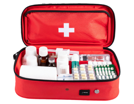 First Aid Kit with Basic Items Visible, zipped open, isolated PNG