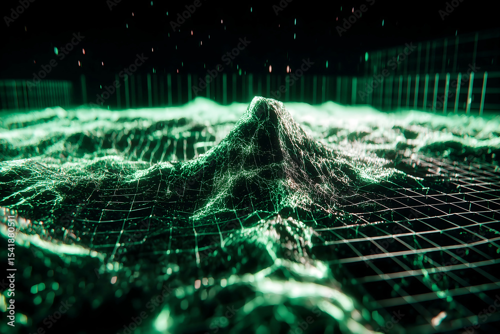 Poster a digital 3d grid landscape with glowing green lines forms a mountain-like structure, symbolizing da