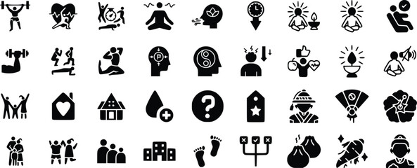 Black Glyph Icons Set Wellness Mindfulness Health Family Home