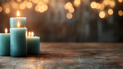 A collection of teal candles flickering softly against a blurred background filled with warm bokeh lights, creating a cozy and inviting atmosphere that calms the senses.